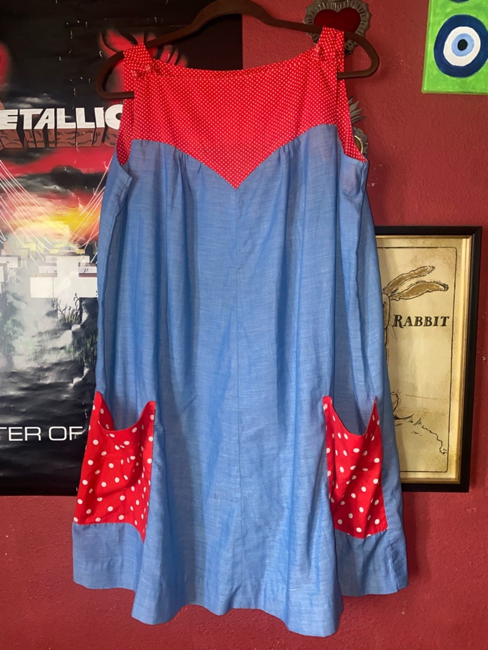 Blue dress with Red Polka Dot Accents